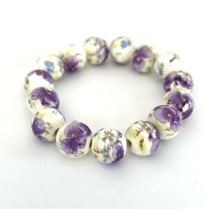 Purple and White Ceramic Floral Stretch Bracelet